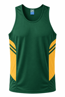 A green singlet featuring yellow side panels and a logo on the upper left. Suitable for casual or athletic wear.