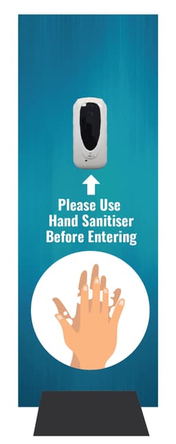 A white hand sanitiser dispensing station mounted on a blue background with an illustration of a hand.