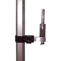 A metal bracket in silver and black, designed for mounting a banner pole securely.