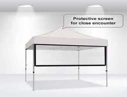 A promotional white marquee with a transparent protective screen, featuring a black frame. It has a logo on the front.