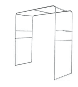 A silver metal arch frame for displaying tension fabric, featuring a rectangular design with open sides.