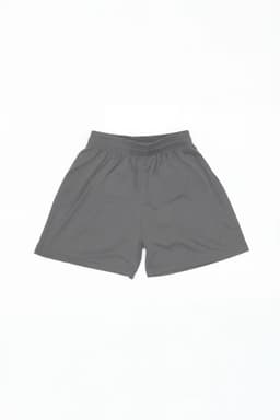 A pair of grey sports shorts featuring an elastic waistband and a logo.