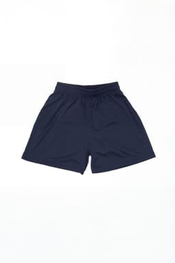 Navy sports shorts with an elastic waistband, featuring a logo.