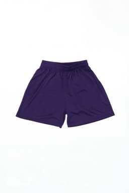 Purple sports shorts with an elastic waistband and a logo. Suitable for youth activities.