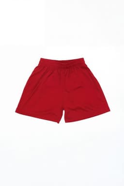 Red sports shorts with an elastic waistband, featuring a logo. Suitable for youth activities.