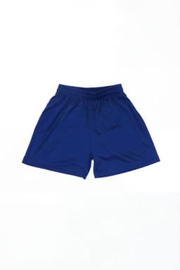 A pair of blue sports shorts with an elastic waistband, featuring a logo. Suitable for athletic activities.