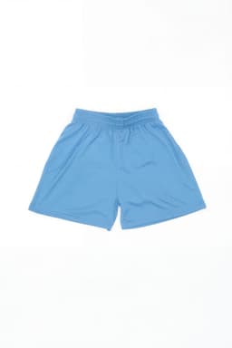 Light blue sports shorts featuring an elastic waistband and a logo. Perfect for active youth wear.