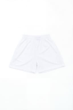 White sports shorts with an elastic waistband and a branded logo.