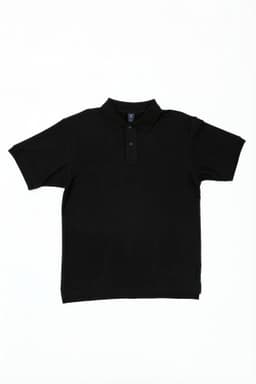 A black polo shirt with a collar and three-button placket, featuring a logo on the chest.