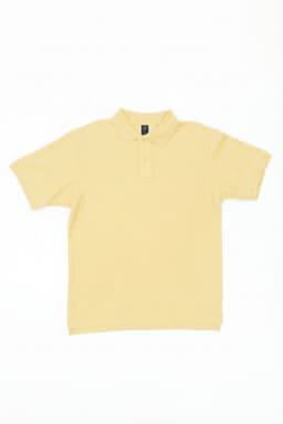 A yellow polo shirt with a collar and short sleeves, featuring a branded logo.