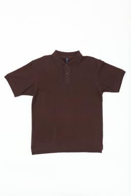 A brown polo shirt with a collar and three buttons. The shirt has a logo on the chest.