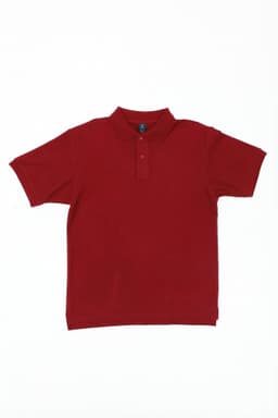 A red polo shirt laid flat, featuring a collar and a branding logo.