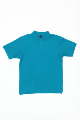A turquoise polo shirt with a collar and short sleeves, featuring a logo.