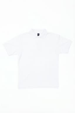 A white polo shirt with a collar, featuring a logo on the chest area.