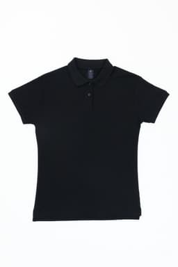 A black polo shirt with a collar and short sleeves, featuring a logo on the chest area.