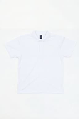 A white women's polo shirt, featuring a collar and short sleeves, with a logo on the chest.