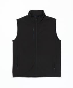 A black softshell vest with a high collar, featuring zippered pockets and a zipped front closure.