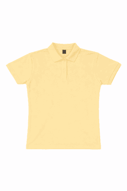 A women's polo shirt in a soft yellow colour with a collar and buttons, featuring a logo.