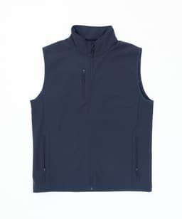 A navy softshell vest with a high collar and zippered pockets, featuring a branding logo.