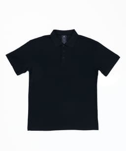 A black polo shirt featuring a collar and buttons, with a branding logo on the upper side.