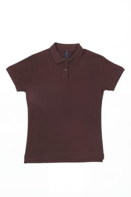 A maroon women's polo shirt with a classic collar and short sleeves. It features a logo on the chest.