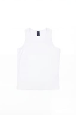 A white youth singlet featuring a simplistic design and a logo at the label. Suitable for sports activities.