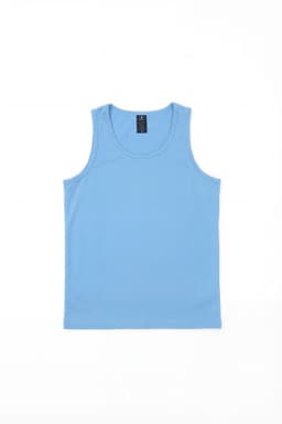 A light blue singlet featuring a round neck design and a branding logo on the label.