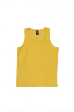 A yellow singlet with a simple design and a branded label at the top. Suitable for sports or casual wear.
