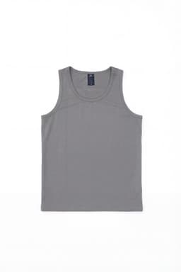 A grey youth singlet with a round neckline and a logo on the label.