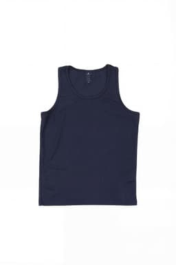 A navy blue youth singlet with a fitted design and a logo on the label.