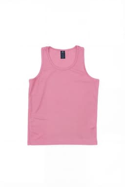 A pink youth singlet with a simple design and a logo at the neckline. Suitable for sports and casual wear.