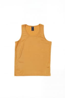 A youth singlet in a vibrant gold colour, featuring a simple design and a brand label on the neckline.
