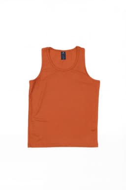 An orange singlet made from soft fabric, featuring a logo on the label inside the neckline.