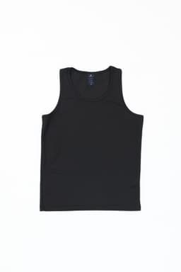A black singlet with a smooth fabric texture, featuring a logo at the neckline.