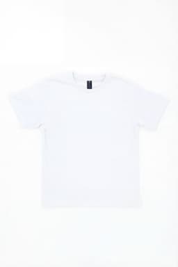 A plain white T-shirt featuring short sleeves and a label at the neck.