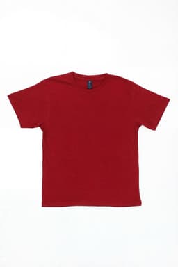 A red T-shirt with short sleeves, featuring a logo on the neckline.