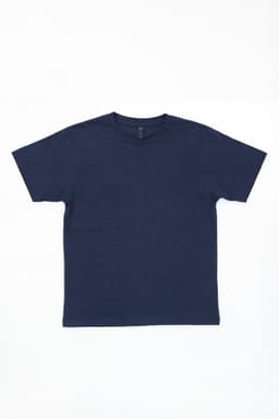A navy blue T-shirt featuring short sleeves and a crew neckline. It has a branding logo on the inside label.