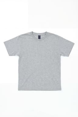 A grey t-shirt laid flat, featuring a crew neckline and short sleeves. The shirt has a logo on the label.