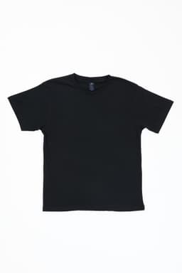 A black t-shirt featuring a simple design and a tag inside the collar. The shirt is displayed flat.