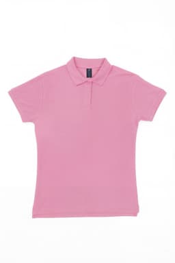 A pink women's polo shirt with a collar and short sleeves, featuring a logo.