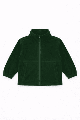 A dark green polar fleece jacket with a full zip, stand-up collar, and two side pockets. Features a logo.