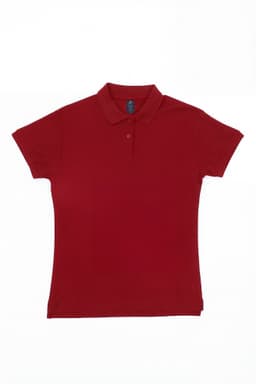 A red polo shirt with a collar and short sleeves, featuring a logo on the label.