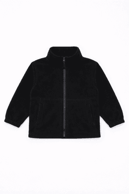 A black polar fleece full zip jacket with a high collar and long sleeves, featuring a logo on the front.