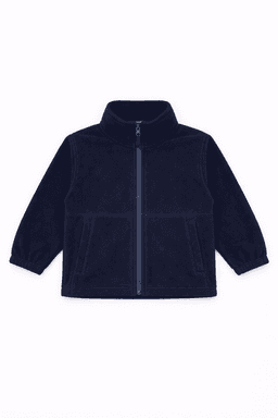 A navy blue youth fleece jacket featuring a full zip and a high collar. It has long sleeves and a logo present.