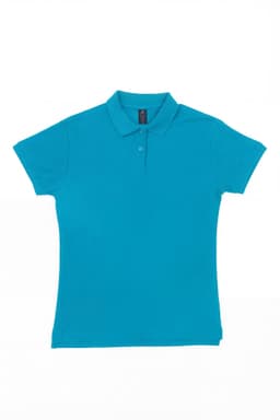A turquoise women's polo shirt featuring a classic collar and short sleeves, with a logo on the chest.
