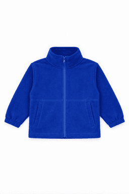 A blue polar fleece jacket with a full zip, featuring long sleeves and two front pockets. It has a logo.