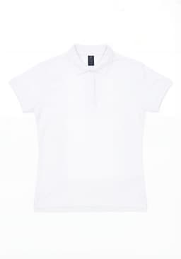 A white women's polo shirt with short sleeves and a collar, featuring a branding label.