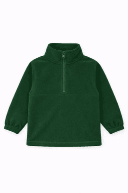 A green youth polar fleece jacket with a 1/4 zip and elasticated cuffs, featuring a logo.