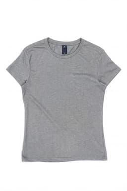 A grey women's surf tee with a fitted style and short sleeves. It features a label at the neck.