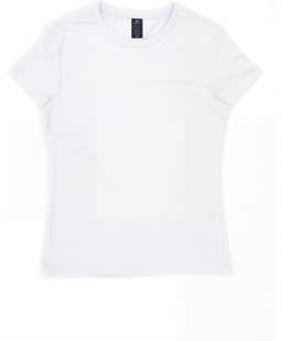 A white women's essential tee with a fitted design and short sleeves, featuring a logo on the label.